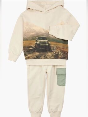 Kids Cream Hoodie & Jogger Set with Mountain Jeep Print